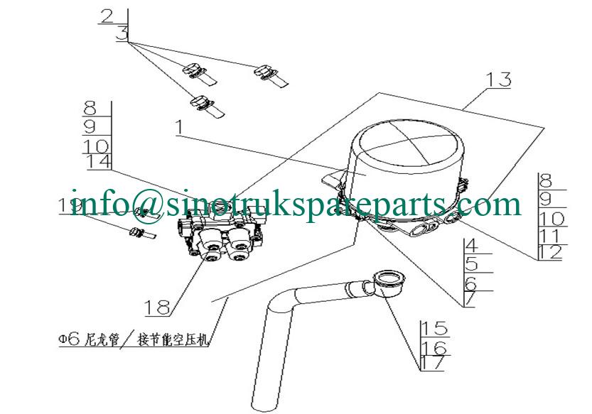 KATALOG SPARE PARTS SINOTRUK Pengering Udara dan Katup Pelindung Empat Sirkuit dengan kompresor ekonomis